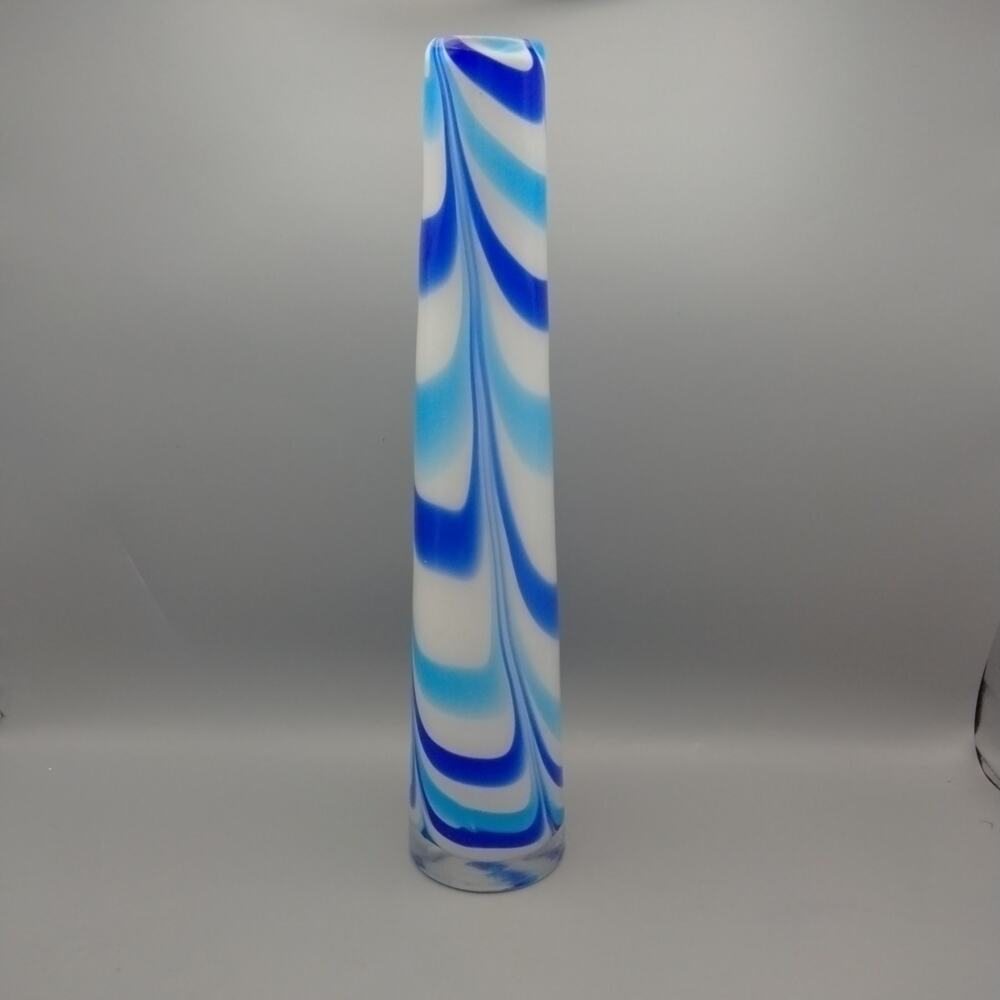 Vintage MCM Blown Art Glass Blue Teal White Swirl 16" Tall Curved Vase